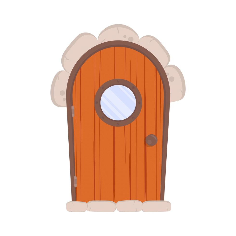 antieke houten deur met een rond raam. Stenen bekleding. hout textuur. cartoon-stijl. geïsoleerd, vectorillustratie. vector