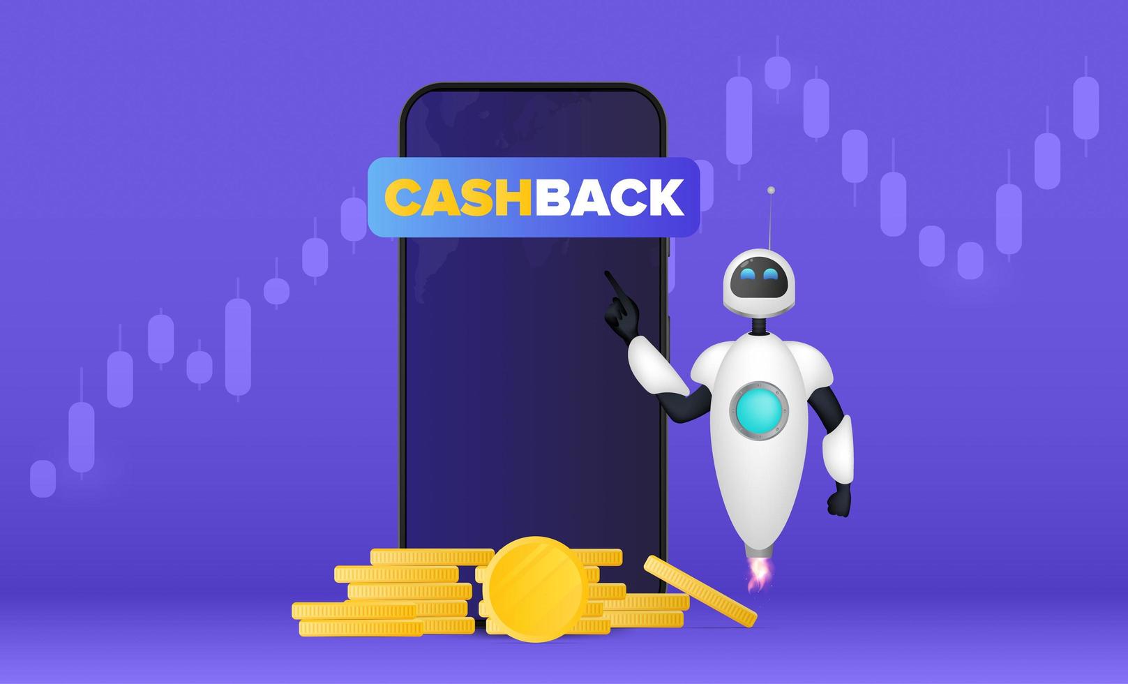 witte vliegende robot op de achtergrond van de telefoon en gouden munten. cashback-concept. vectorillustratie. vector