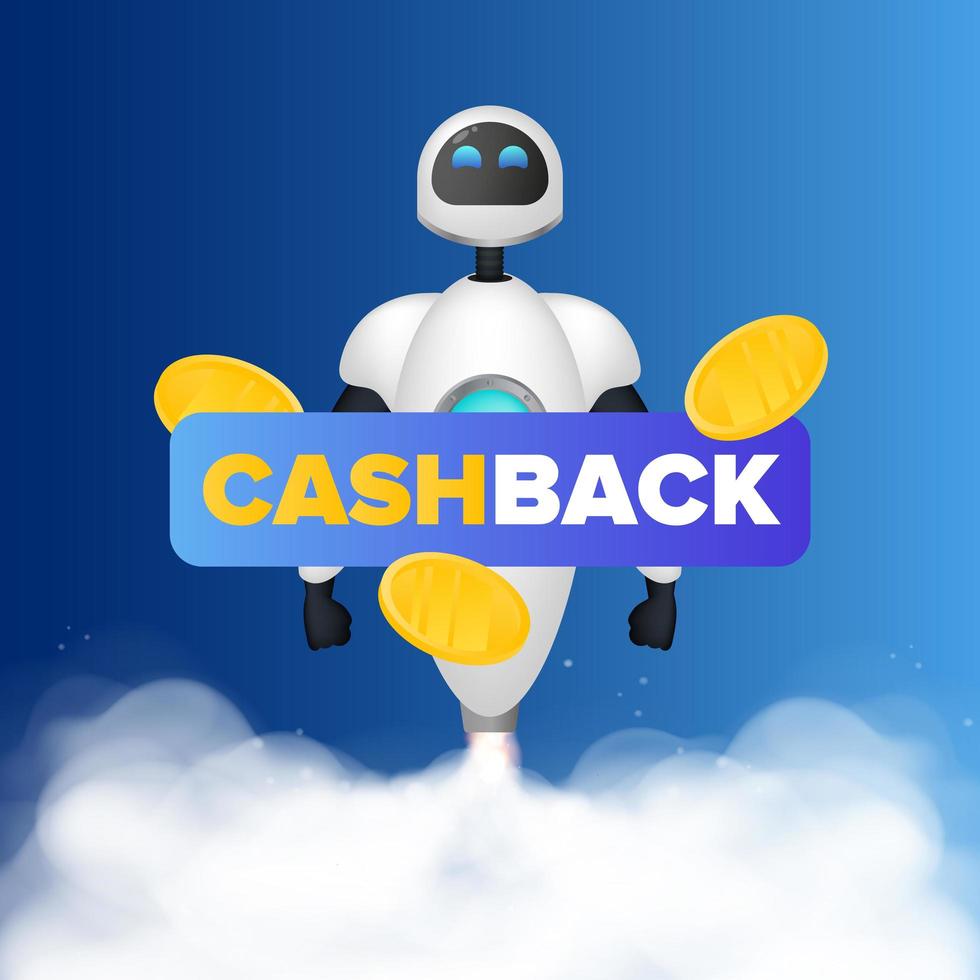 cashback-banner. de witte robot stijgt op. rook sporen. realistische stijl. vectorillustratie. vector