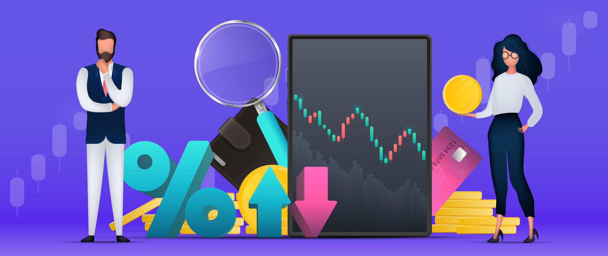 man en vrouw zijn zakenlieden. financiële handelsbanner. percentage met pijlen omhoog en omlaag. portemonnee, bankkaart, schema, vergrootglas, tablet. vector. vector