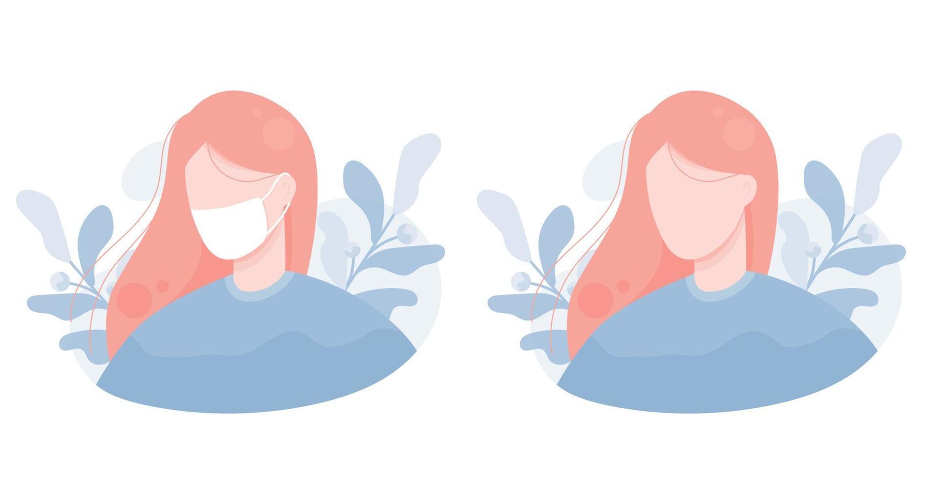 illustratie portret van een meisje met een beschermend masker tegen virussen en bacteriën. coronavirus, ziekte, griep, verkoudheid, covid-19. voor een website, gebruiker, persoon, avatar. achtergrond van bladeren. blauw roze. eps 10 vector