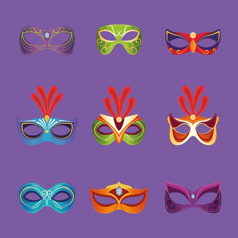 negen mardi gras-maskers vector