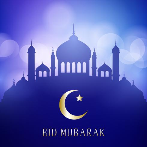 Decoratieve Eid Mubarak-achtergrond met moskeesilhouetten op een bokeh steekt ontwerp aan vector