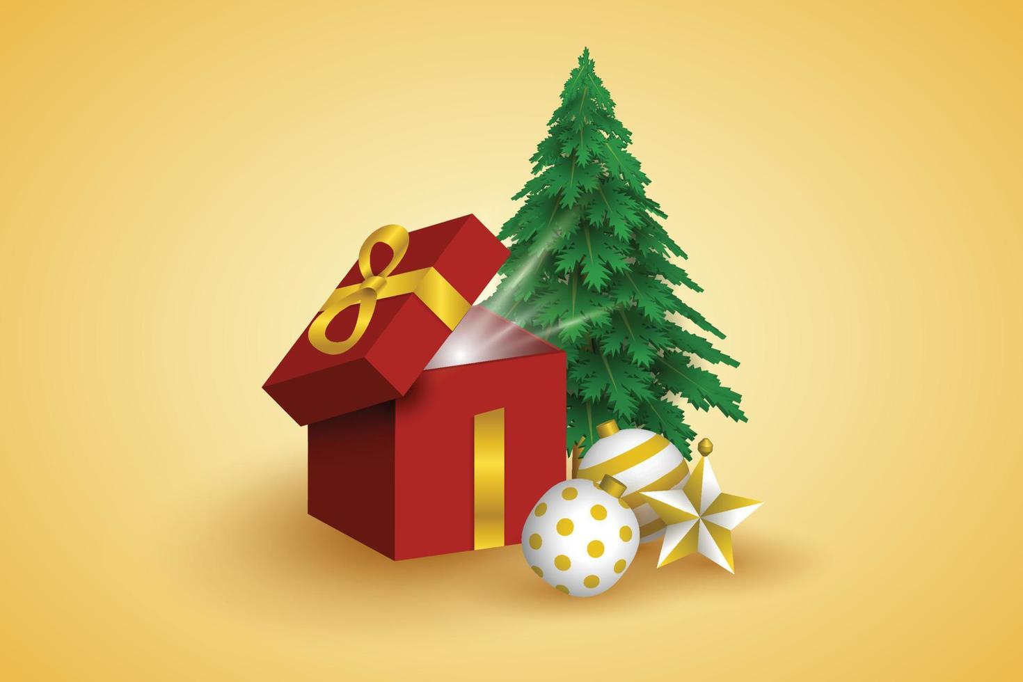 3D-kerstversiering vectorafbeelding, geschenkdoos, dennenboom, creatief ontwerp vector