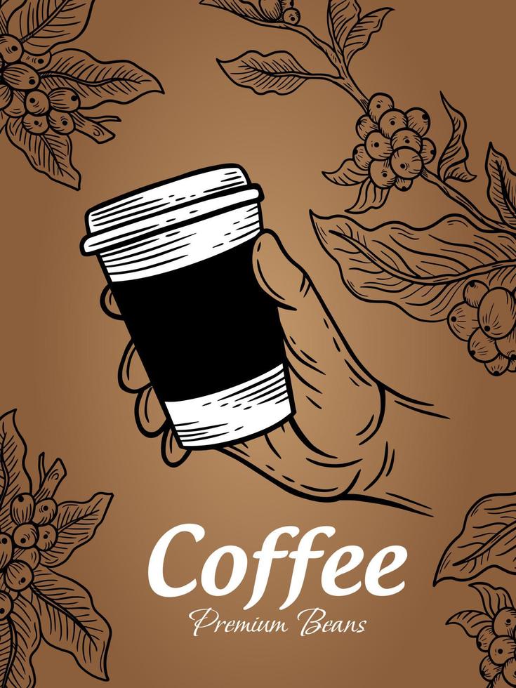 met de hand getekende koffiebonenbeker met tak achtergrondillustratie vector