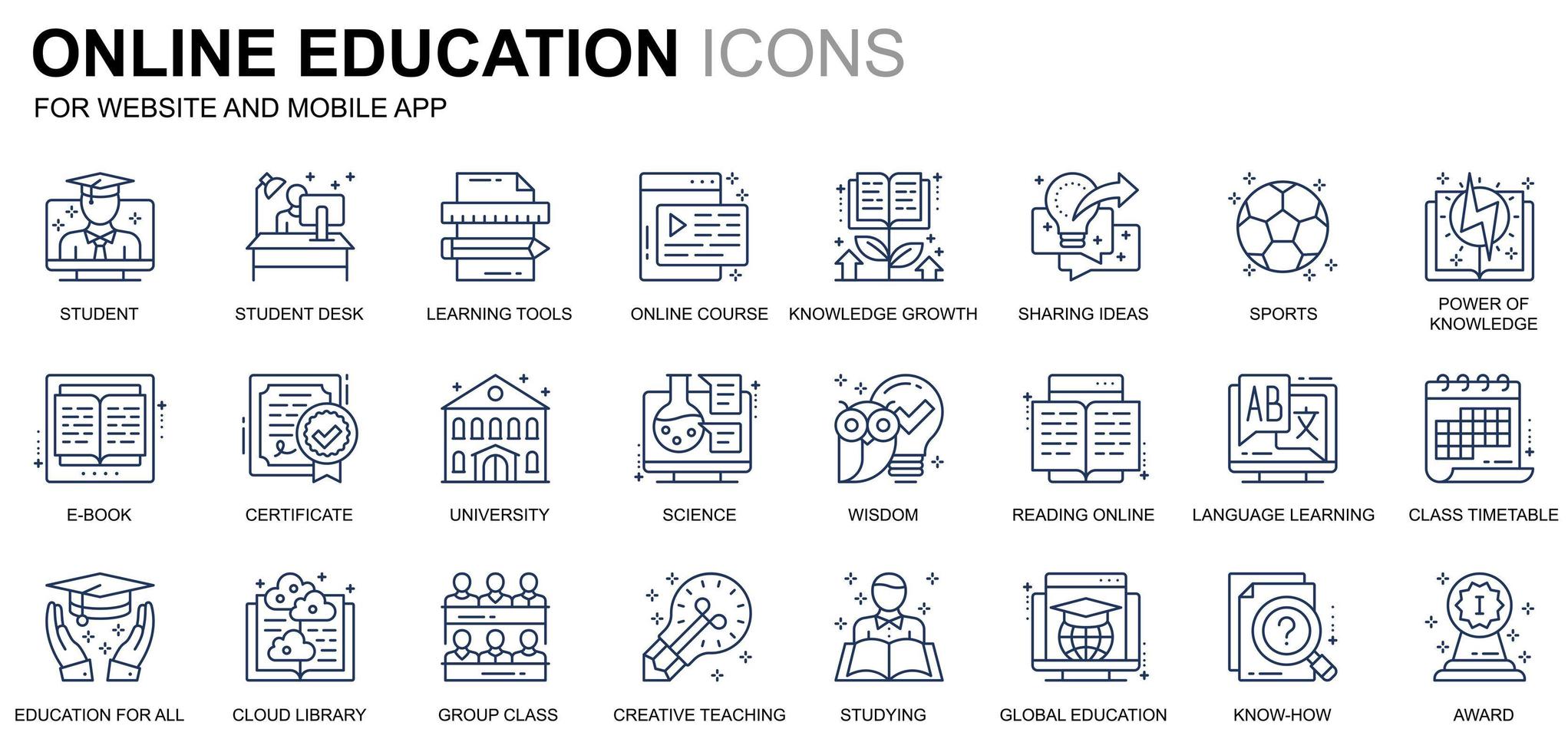 eenvoudige set onderwijs- en kennislijnpictogrammen voor website en mobiele apps. bevat iconen als online cursus, universiteit, studeren, boek. conceptuele kleur lijn pictogram. vectorpictogrampakket. vector