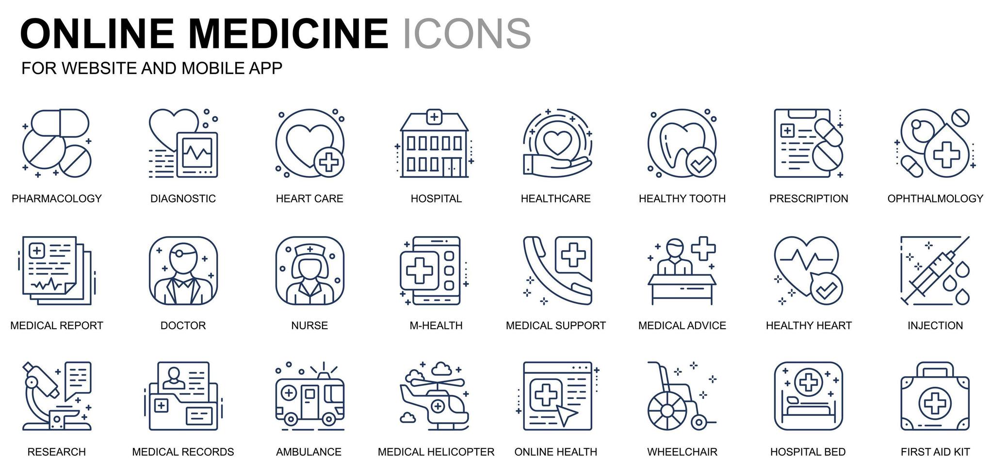 eenvoudige set pictogrammen voor gezondheidszorg en medische lijn voor website en mobiele apps. bevat pictogrammen zoals ambulance, eerste hulp, onderzoek, ziekenhuis. conceptuele kleur lijn pictogram. vectorpictogrampakket. vector