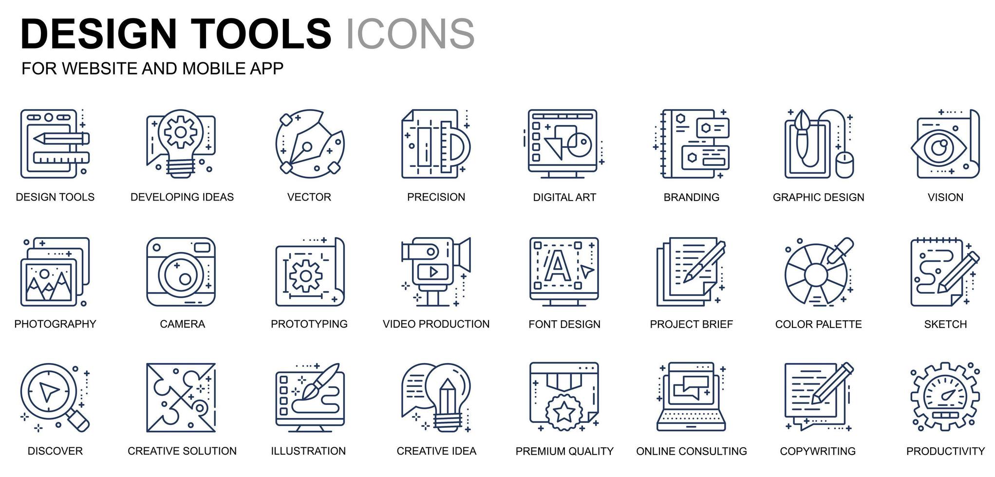 eenvoudige set design tools lijn iconen voor website en mobiele apps. bevat iconen als creatief, ontwikkelen, precisie, visie, schets. conceptuele kleur lijn pictogram. vectorpictogrampakket. vector