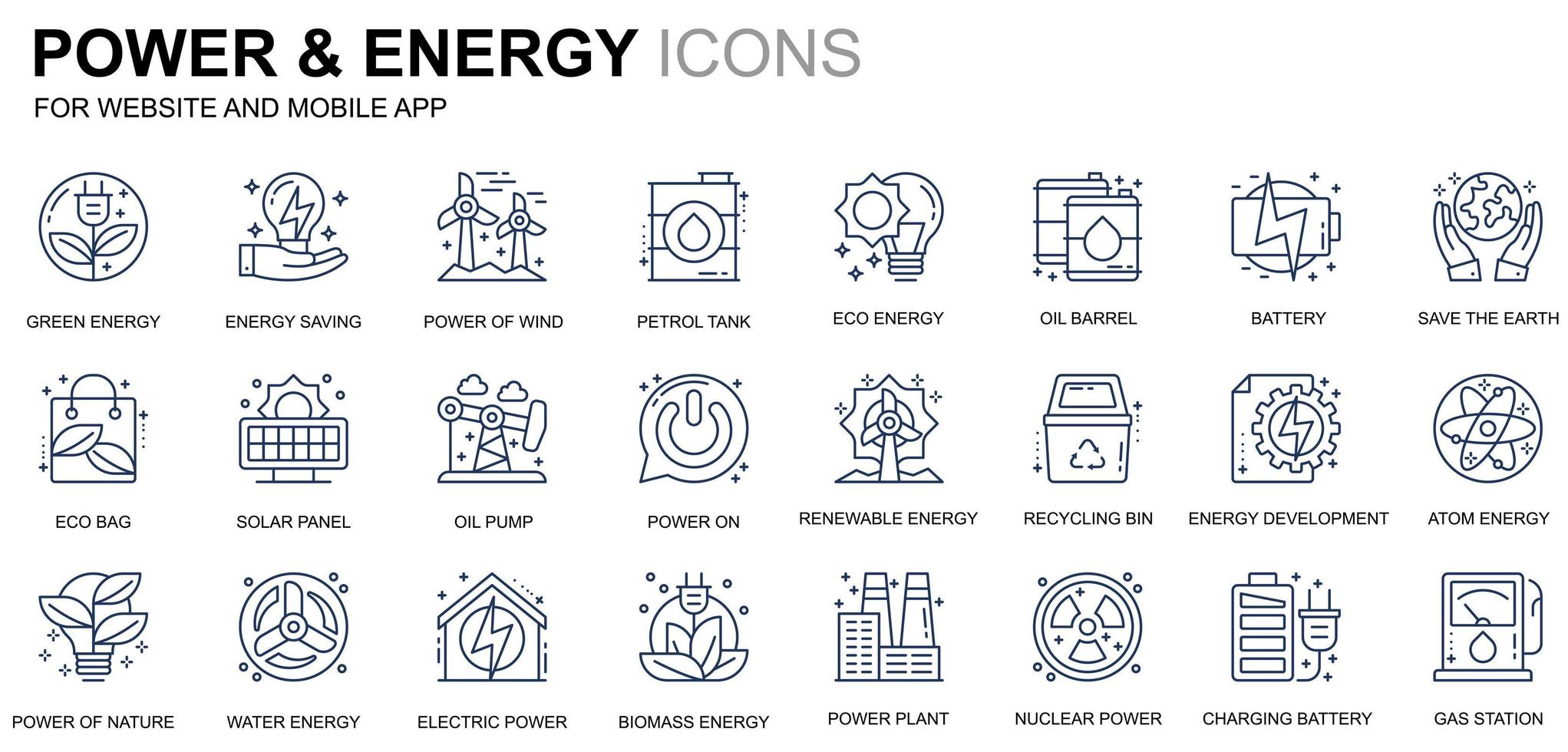 eenvoudige set pictogrammen voor energie-industrie en energielijnen voor website en mobiele apps. bevat pictogrammen zoals zonnepaneel, eco-energie, elektriciteitscentrale. conceptuele kleur lijn pictogram. vectorpictogrampakket. vector