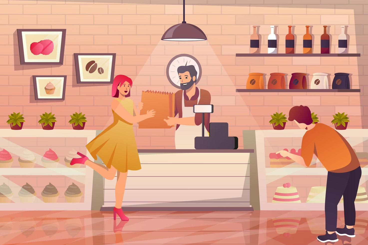 bakkerij winkel interieur met kopers concept in platte cartoon design. klanten kiezen desserts in de vitrine en kopen vers gebak bij het afrekenen bij de verkoper. vectorillustratie met mensen scène achtergrond vector