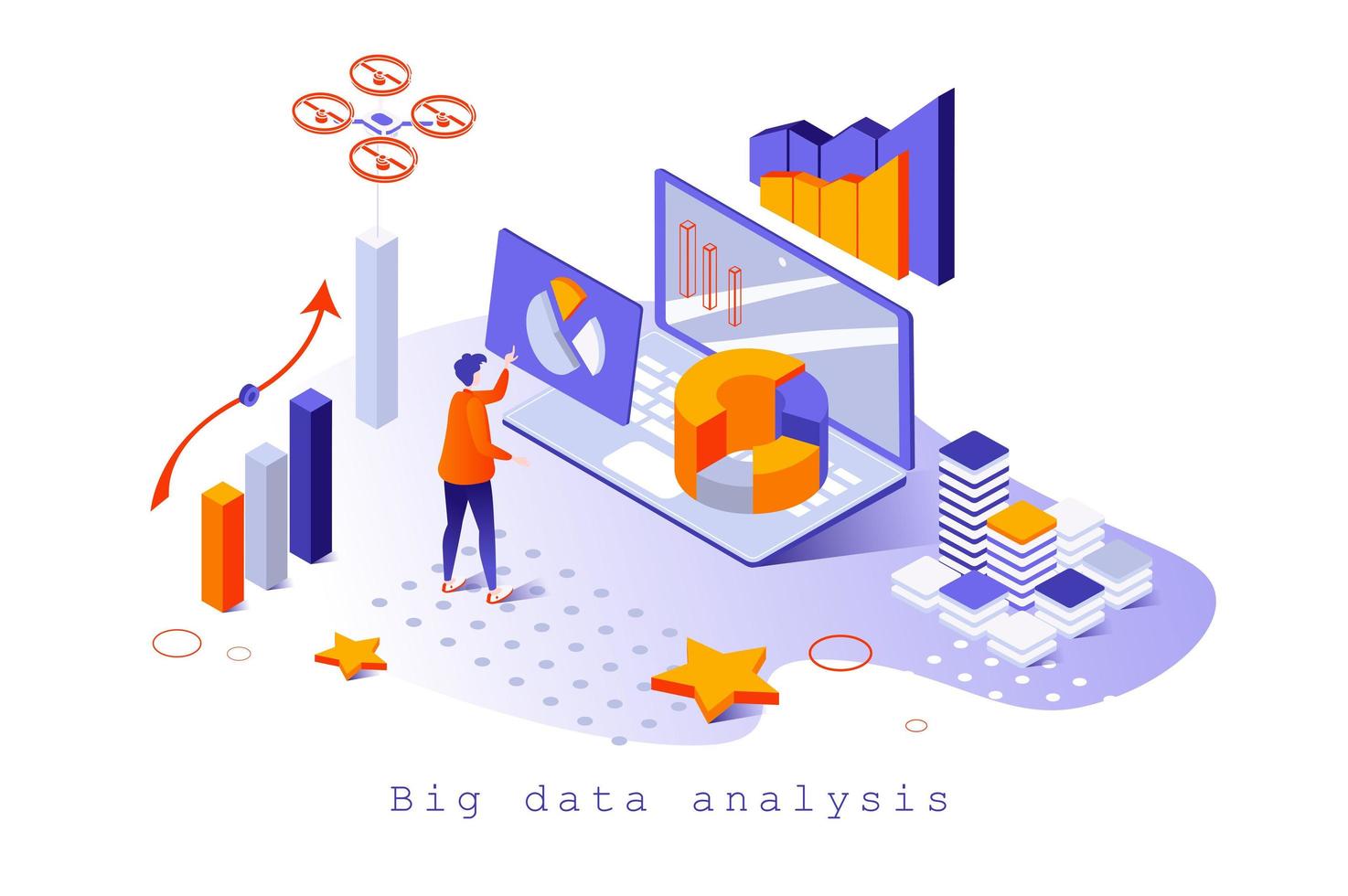 big data-analyseconcept in 3d isometrisch ontwerp. gebruiker die marketingonderzoek doet, werkt met bedrijfsstatistieken in online datacenter, websjabloon met mensenscène. vectorillustratie voor webpagina vector