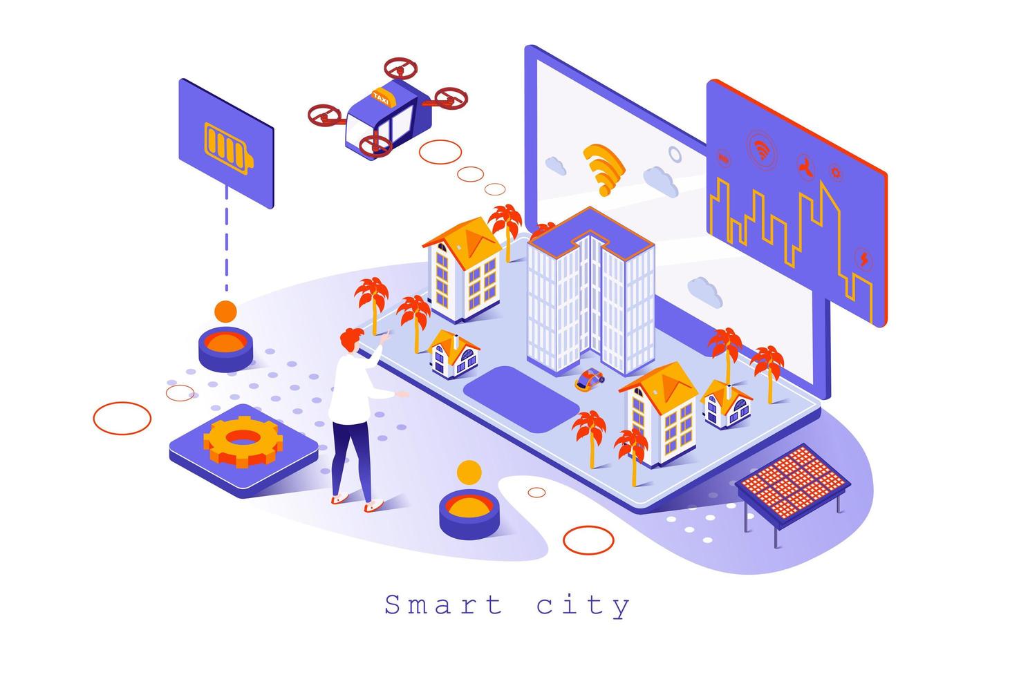 slim stadsconcept in 3D isometrisch ontwerp. futuristisch stadsbeeld met moderne infrastructuur, wifi-technologie en alternatieve energie, websjabloon met mensenscène. vectorillustratie voor webpagina vector