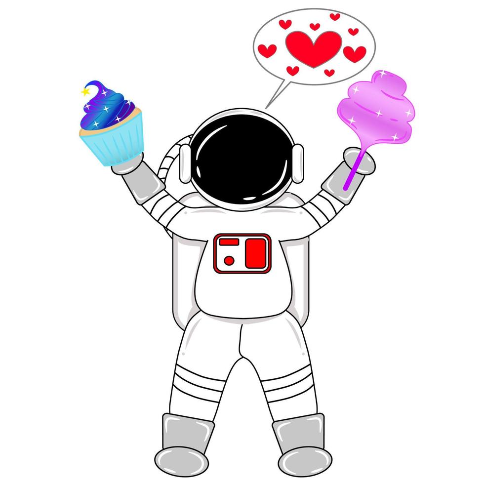 vector voor astronaut die dol is op cupcake en katoensuiker