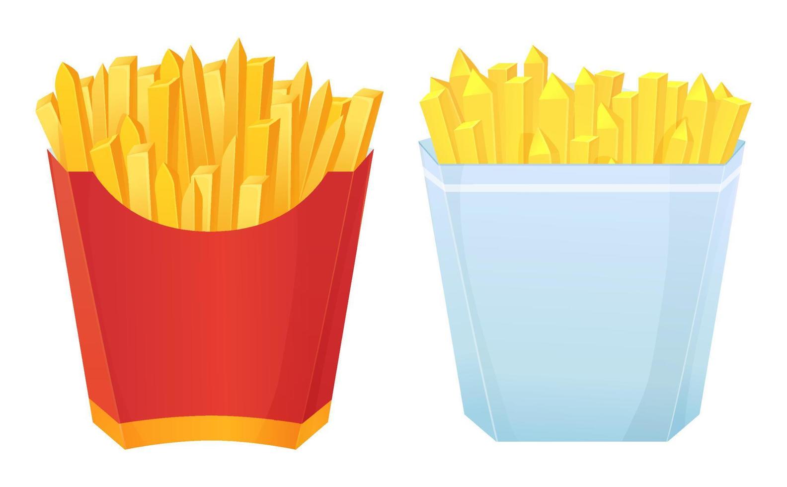 krokante frietjes in papieren rode en witte doos. verschillende vorm van aardappelschijfjes. fastfood, junkfood-concept. kan worden gebruikt als mock-up. voorraad vectorillustratie in cartoon realistische stijl vector