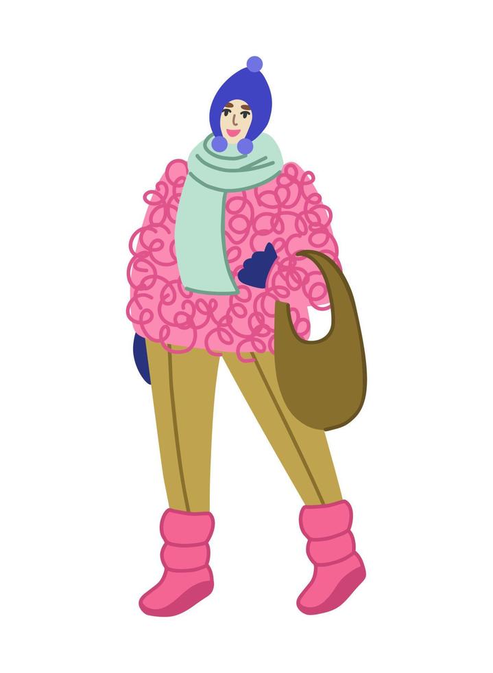 de vrouw ging naar de kruidenierswinkel in een bontjas, een hoed met pompons en gepofte laarzen. modieuze comfortabele damesoutfit voor dagelijkse wandelingen vector