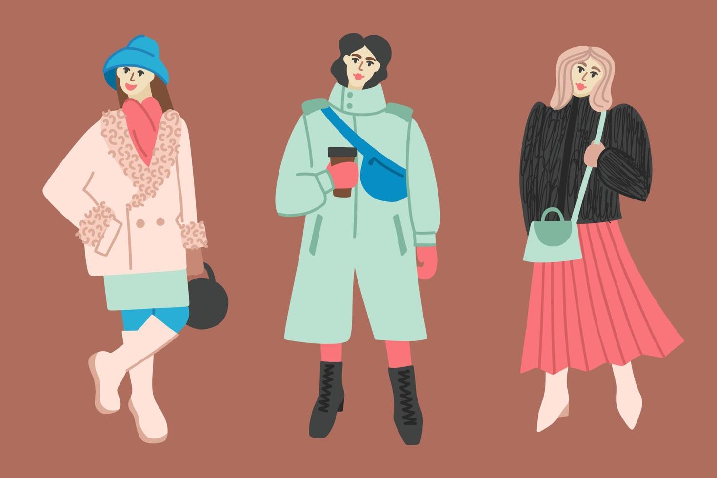 set van platte illustraties van vrouwen in casual winterkleren en schoenen. meisjes in modieuze vrijetijds- en zakelijke kleding, bontjas, oversized jas, hoge laarzen, schoudertassen vector