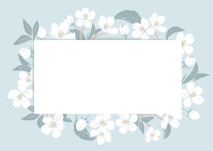 Kersenbloesem kaartsjabloon met tekst. Bloemenkader op pastelkleur blauwe achtergrond. Witte bloemen. Vector illustratie