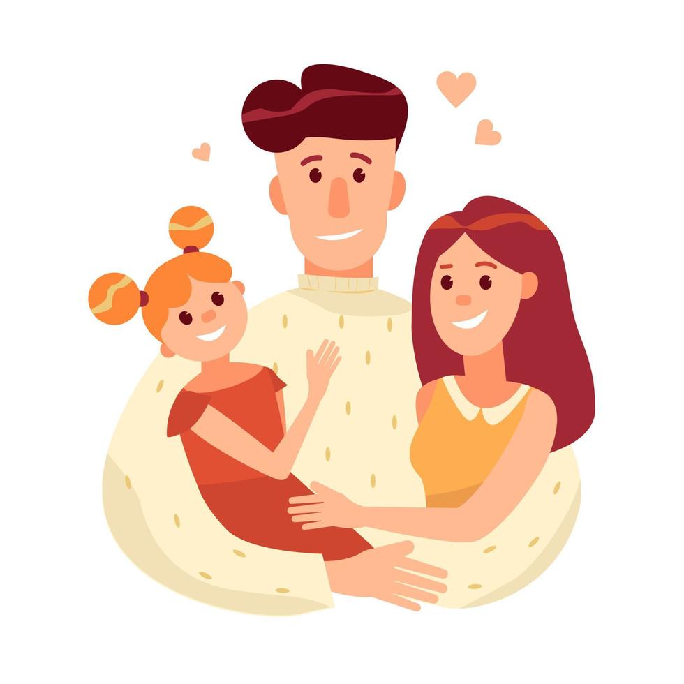 ouders met een kind. de vader omhelst zijn vrouw en dochter. familiedag, vakantieconcept. cartoon plat geïsoleerd vectorontwerp. vector