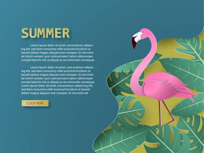 Zomer achtergrond met flamingo vogel en tropische palm en bladeren papier knippen stijl. vector