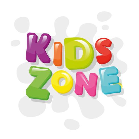 Kids zone kleurrijke banner. Cartoon letters en verf spatten. Vector. vector