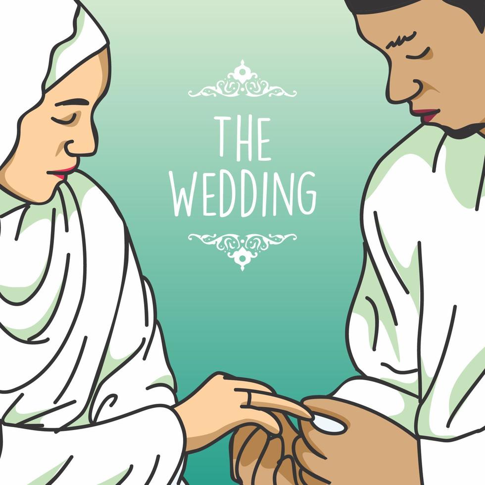 vectorillustratie van moslimminnaars die trouwen, de bruidegom zet een ring aan de vinger van de bruid vector