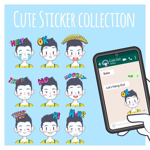 schattige jongen emoji sticker collectie vector