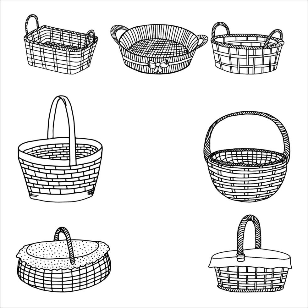 set van rieten baskets.contour drawing.hand tekenen met een line.black en wit image.baskets voor picknick, vakantie, pasen, pets.vector illustratie vector