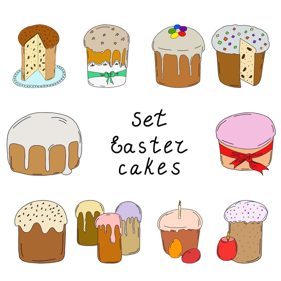 set Pasen cakes.contour tekening. uit de vrije hand drawing.10 taarten met slagroom, rozijnen, gekonfijte vruchten en topping.cut de cake.spring vakantie van easter.vector illustratie vector