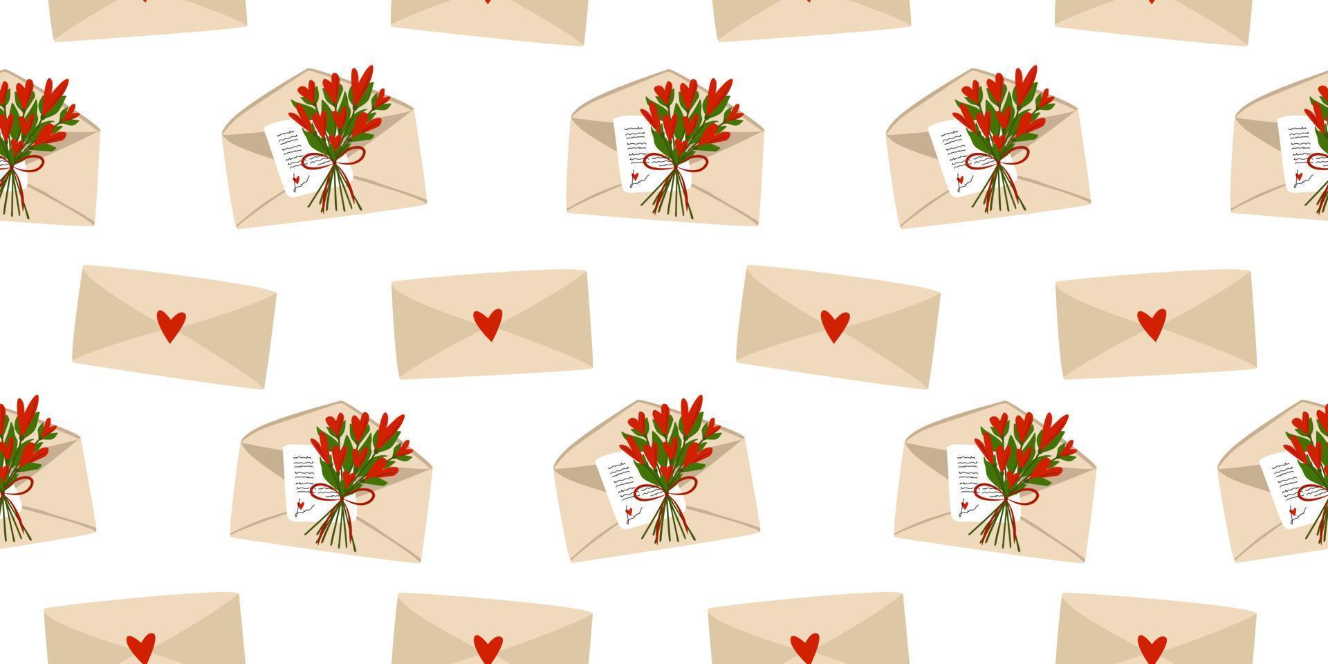 Valentijnsdag naadloze patroon. Valentijnsbrief met rood hart in een envelop. ontwerp voor verpakking en briefpapier. vectorillustratie. vector