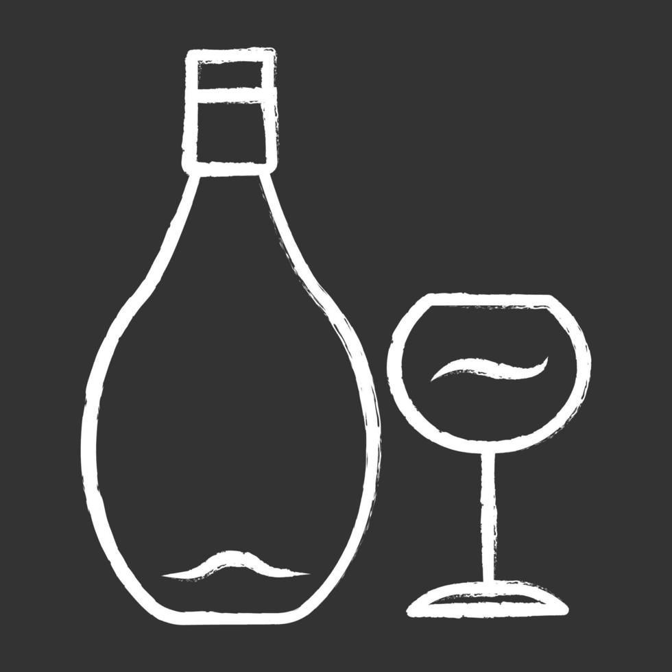 wijn krijt pictogram. alcohol reep. fles en wijnglas. alcoholische drank. restaurantservice. glaswerk voor rode wijn. geïsoleerde vector schoolbordillustratie
