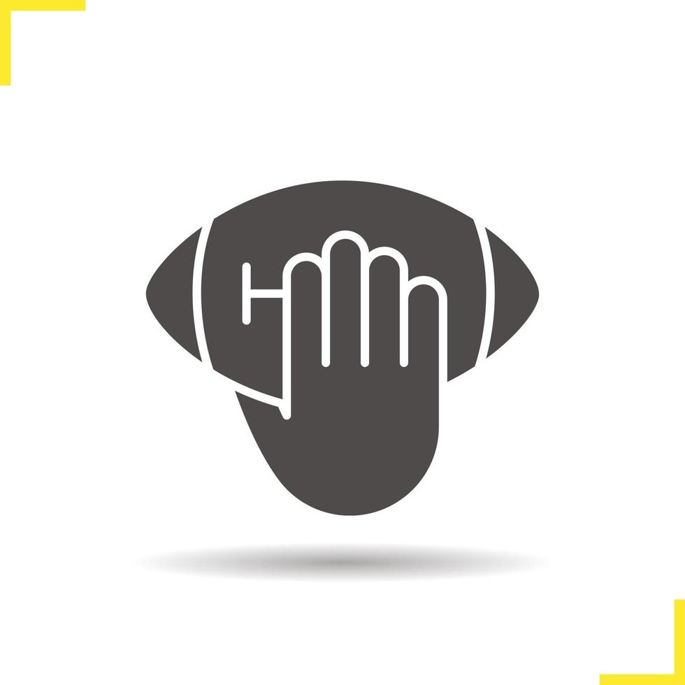 hand met Amerikaans voetbal bal icoon. slagschaduw quarterback silhouet symbool. hand met rugbybal. negatieve ruimte. vector geïsoleerde illustratie