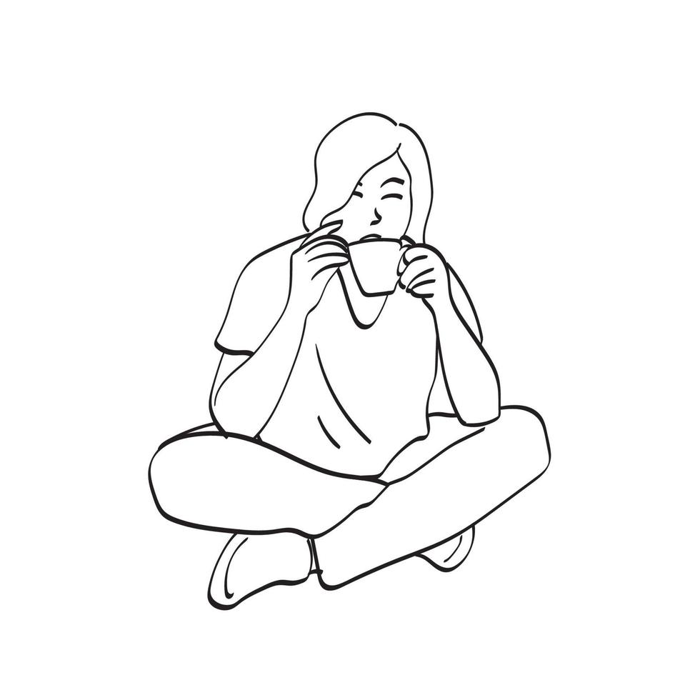 vrouw zittend op de grond met een kopje koffie illustratie vector hand getekend geïsoleerd op een witte achtergrond lijntekeningen.