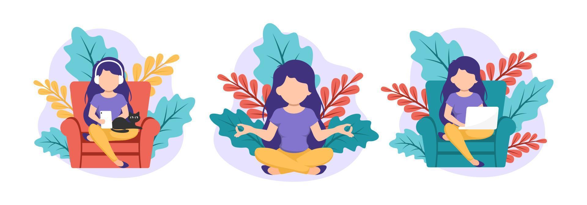 blijf thuis concept. vrouw die yoga doet, thuis werkt, ontspant. zelfisolatie, quarantaine vanwege coronavirus. set van illustratie van thuisactiviteiten vector