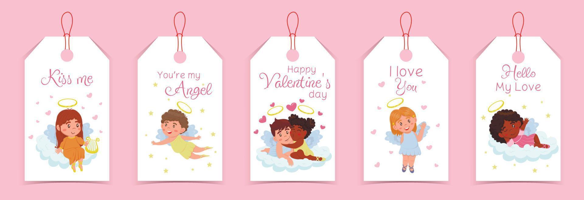 Valentijnsdag label collectie met cupido's, kinderen engelen en schattige letters geïsoleerd op een witte achtergrond vector