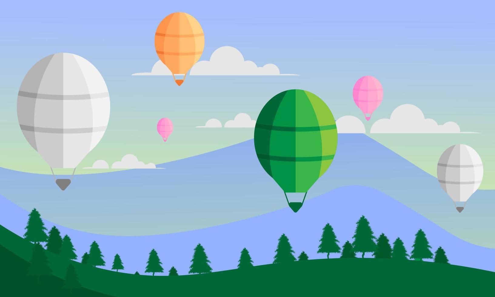 vectorillustratie van berglandschap met energetische heteluchtballonvakantieweekends met heldere pastelkleuren vector