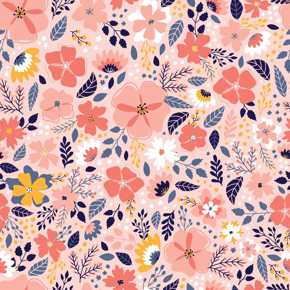kleurrijke naadloze bloemmotief met abstracte bloemen en bladeren op roze achtergrond. goed voor lentedecor, behang, inpakpapier, scrapbooking, achtergronden, textielprints, enz. eps 10 vector