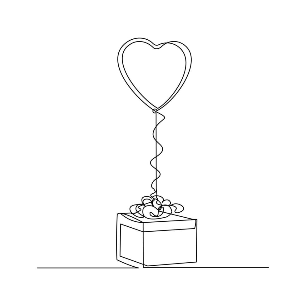doorlopende lijntekening van hartvormige luchtballon komt uit de doos. enkele één regel kunst van liefdescadeau voor valentijnsdag. vector illustratie