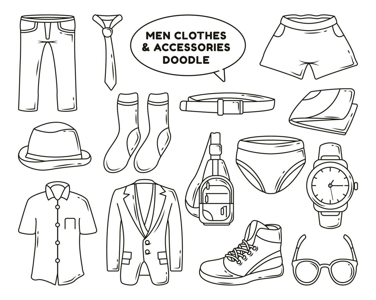 set handgetekende mannen kleding en accessoires cartoon doodle kleuren vector