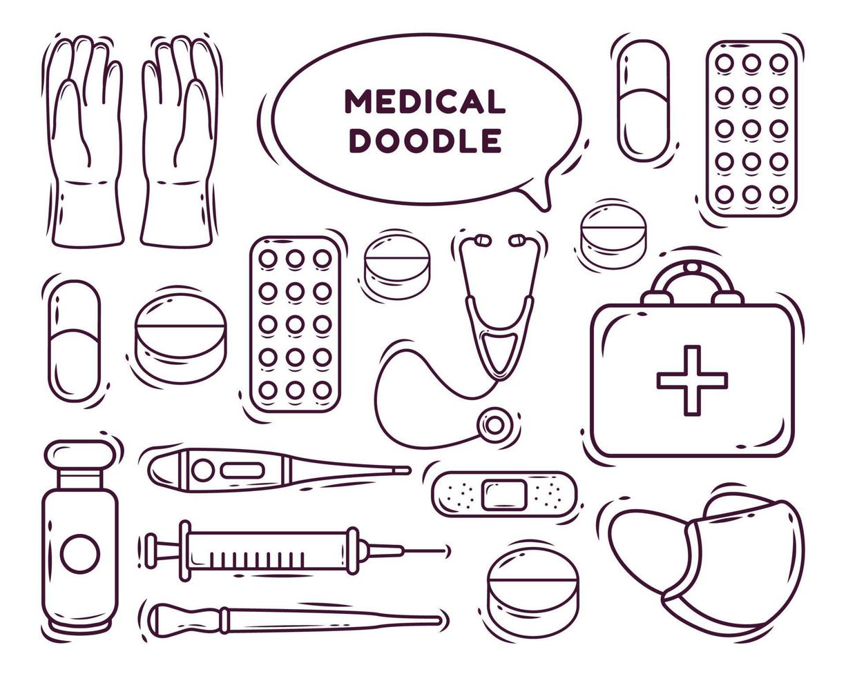 set van handgetekende kawaii medische cartoon doodle stijl kleuren vector