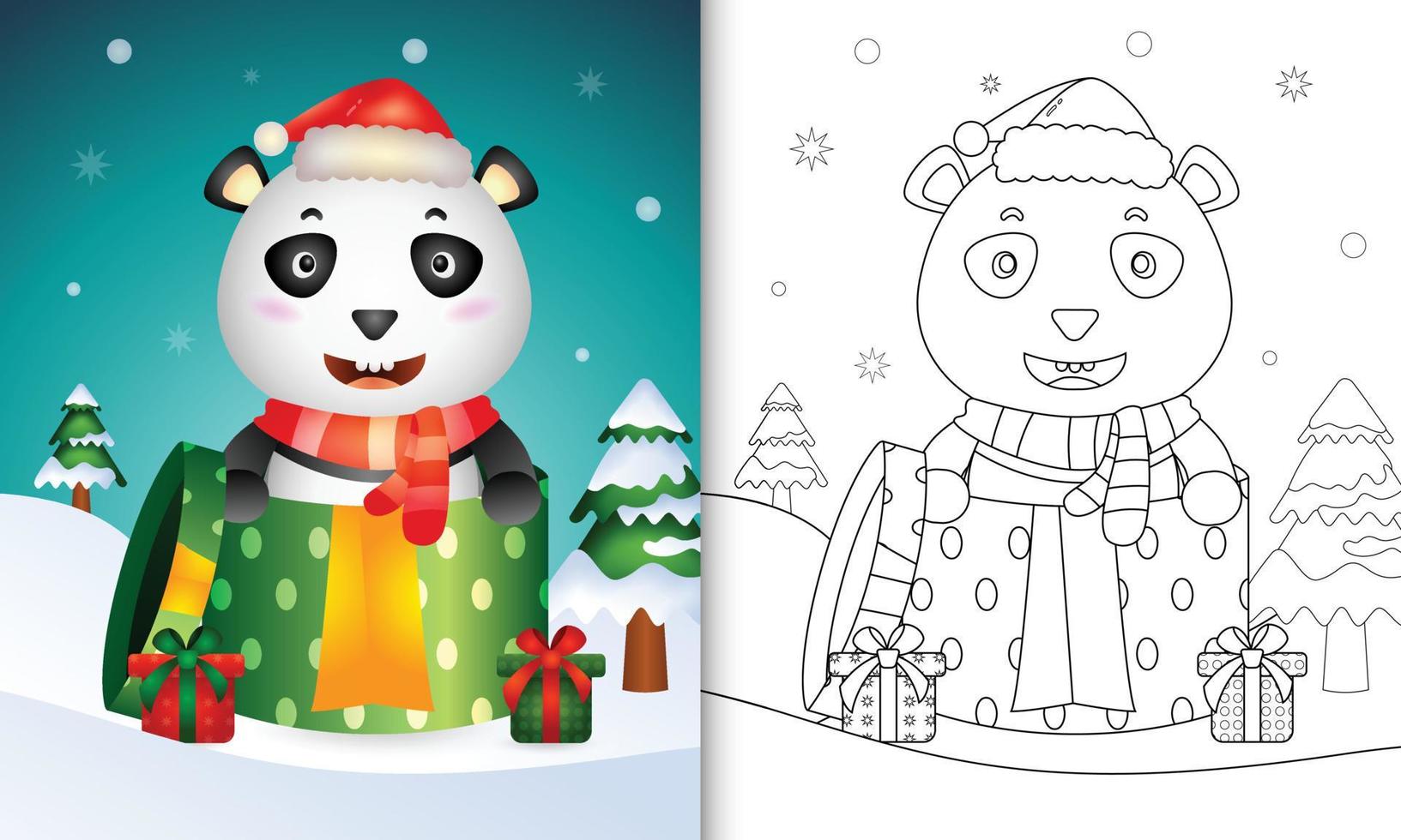 kleurboek met schattige panda-kerstfiguren met kerstmuts en sjaal in de geschenkdoos vector