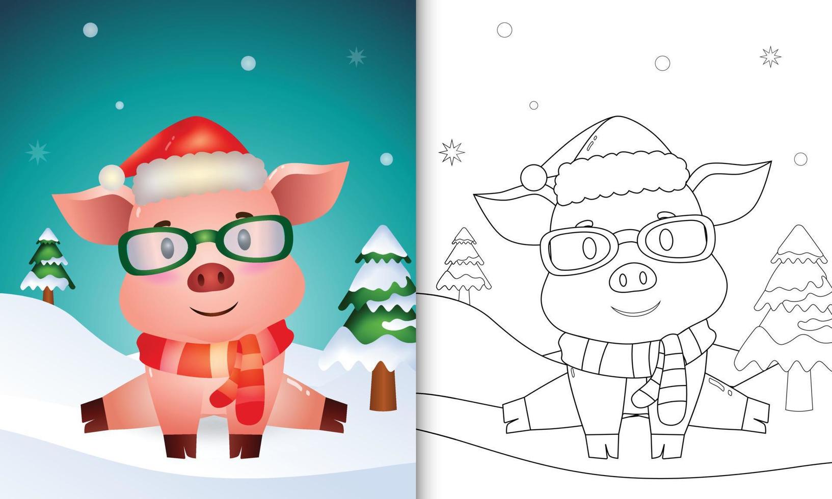 kleurboek met een schattig varken kerstpersonages met kerstmuts en sjaal vector