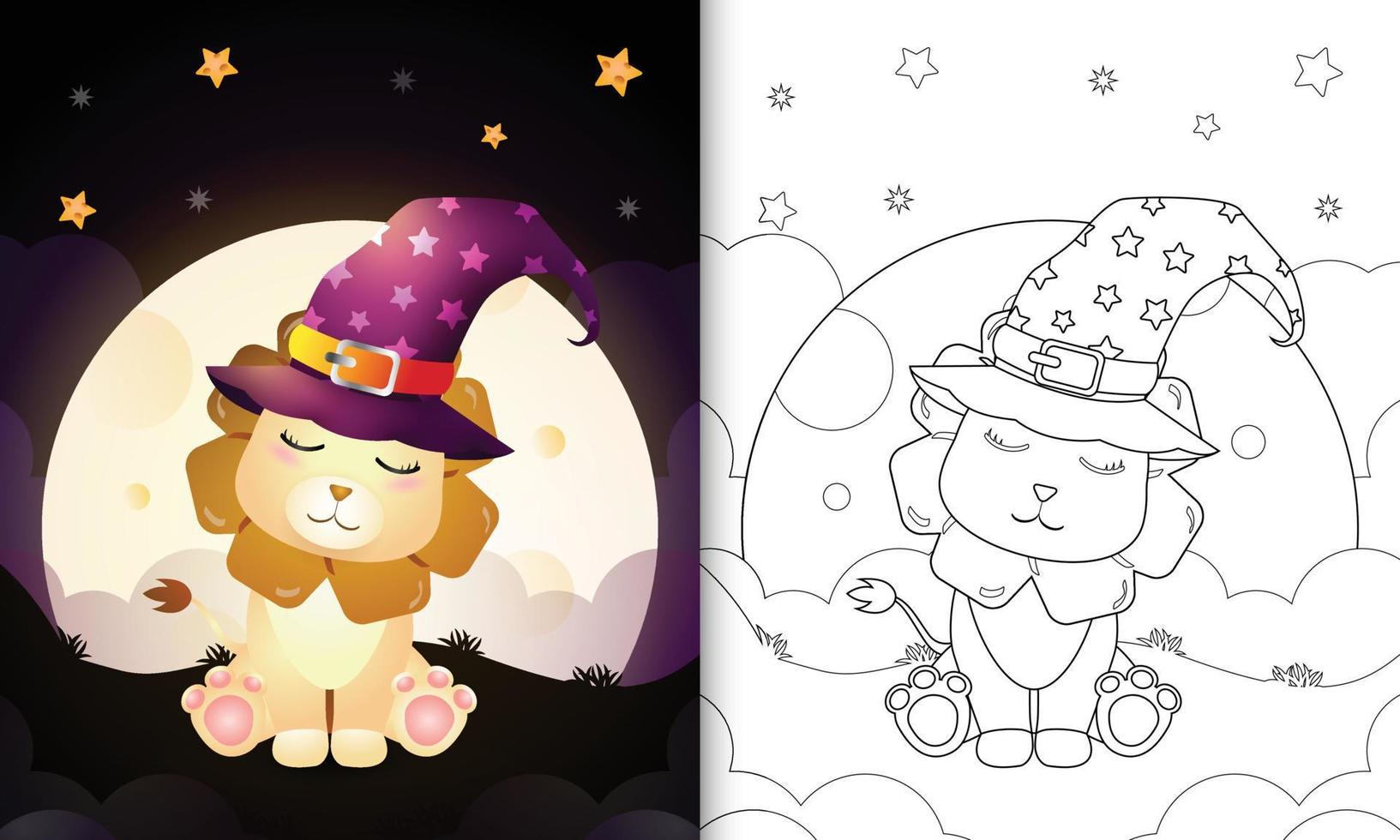 kleurboek met een leuke cartoon halloween heks leeuw front the moon vector
