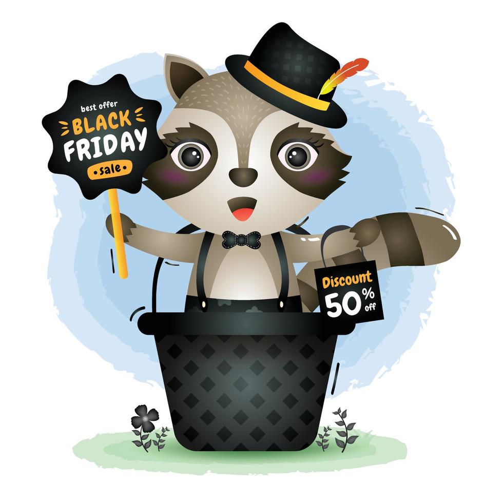 black friday-uitverkoop met een schattige wasbeer in de mand, houd boordpromotie en illustratie van een boodschappentas vector