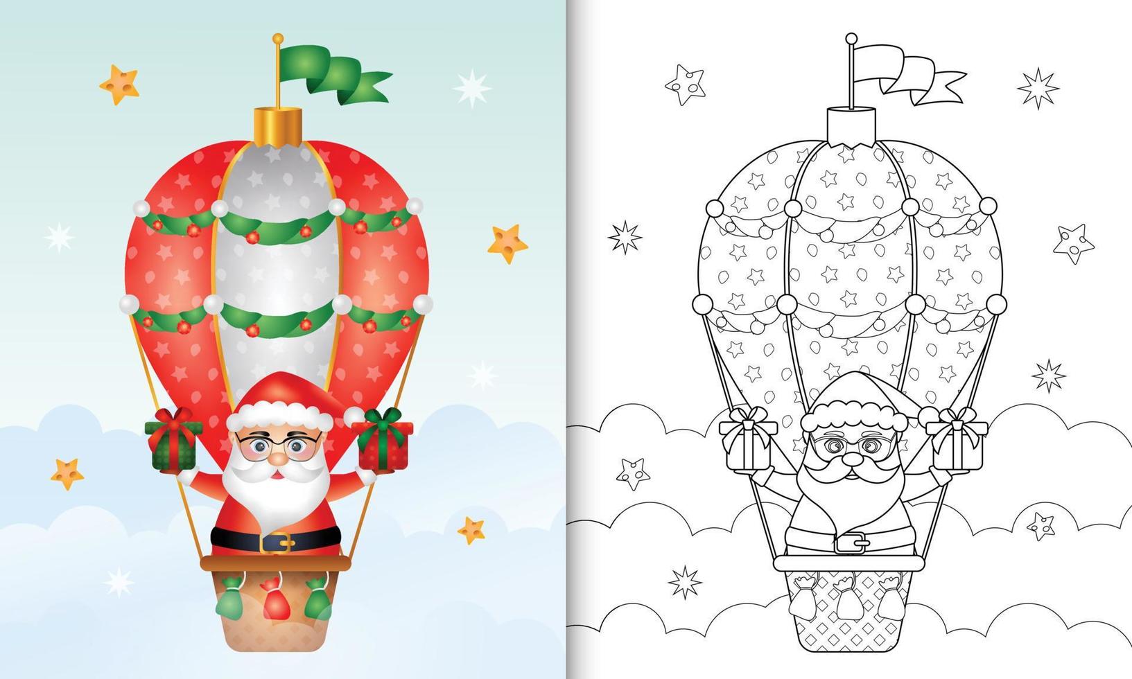 kleurboek met schattige kerstfiguren van de kerstman op heteluchtballon met een zak geschenken vector