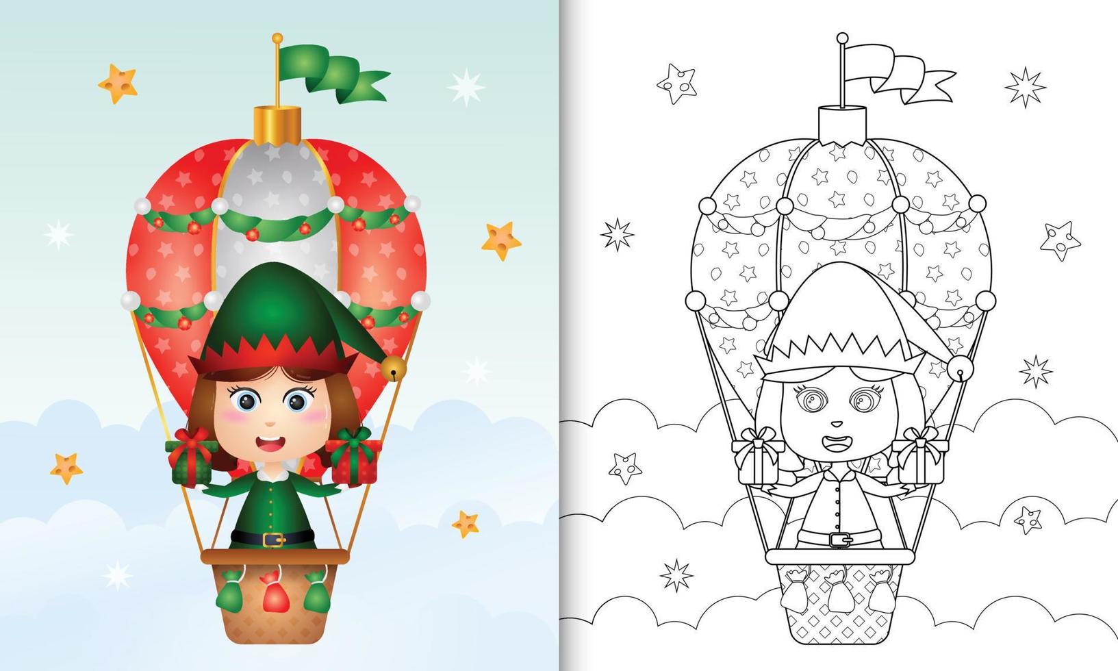 kleurboek met een schattig meisje elf kerstpersonages op heteluchtballon met een zak geschenken vector