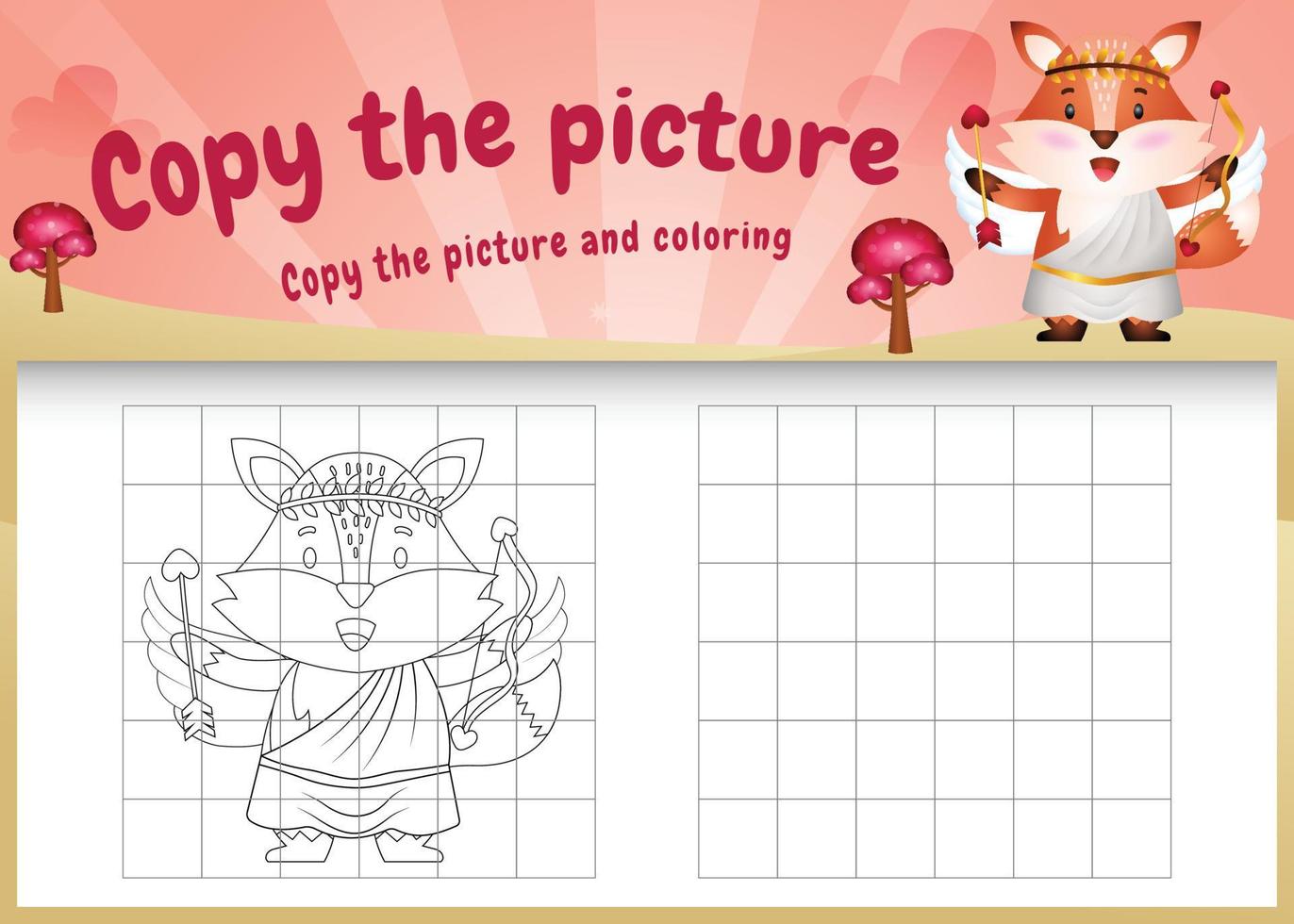 kopieer het kinderspel en de kleurpagina met een schattige vos met een valentijnskostuum vector