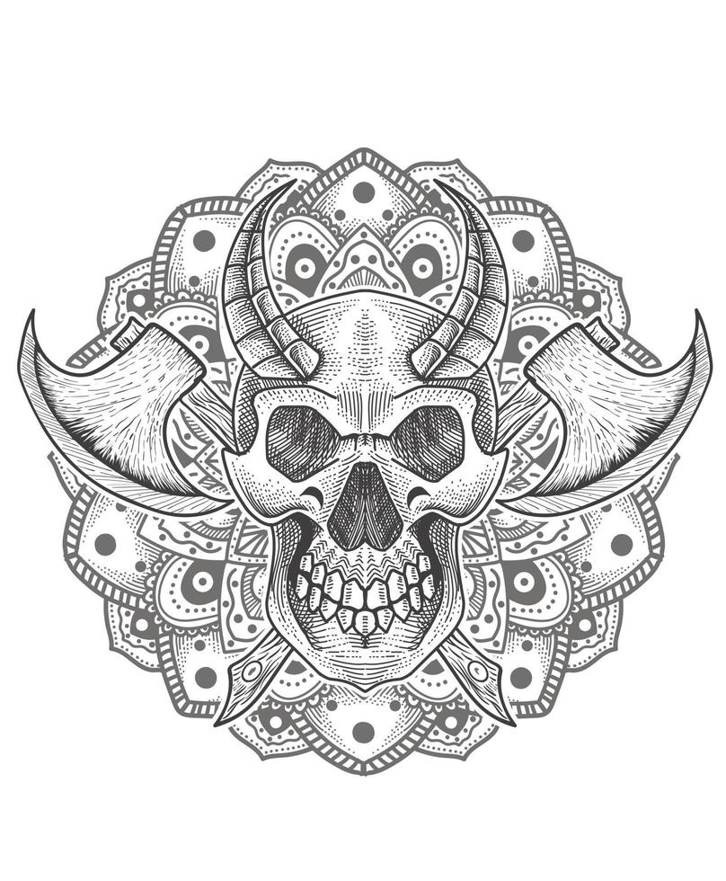 illustratie duivel schedel hoofd met bijl wapen vector