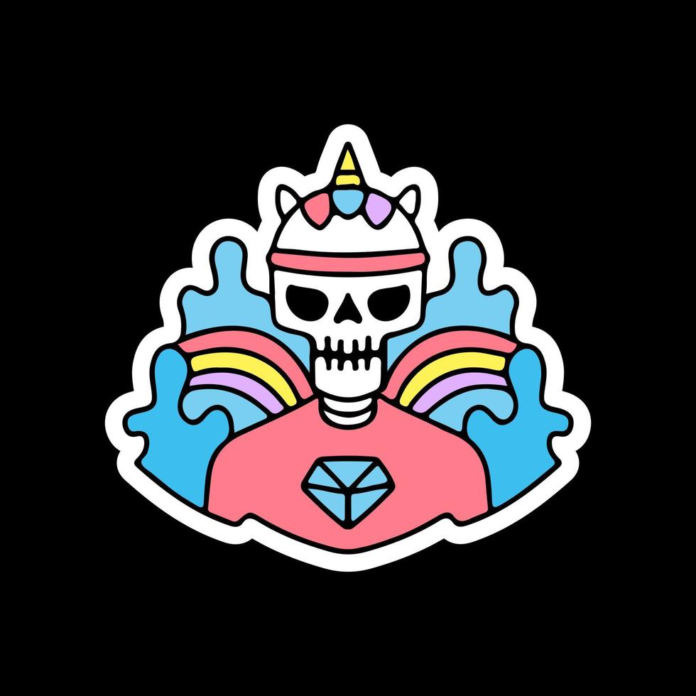 trendy schedel met eenhoornhoed en regenboog. illustratie voor t-shirt, poster, logo, sticker of kleding koopwaar. vector