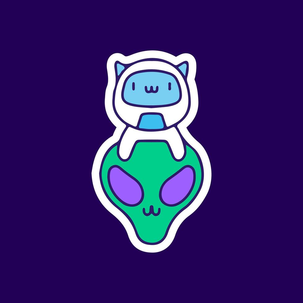 schattige astronaut kat en alien. illustratie voor t-shirt, poster, logo, sticker of kleding koopwaar. vector