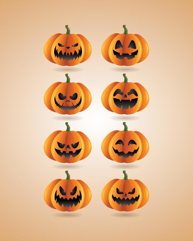 de gezichten en emoties van het Halloween-nachtfeest van de pompoenspook vector